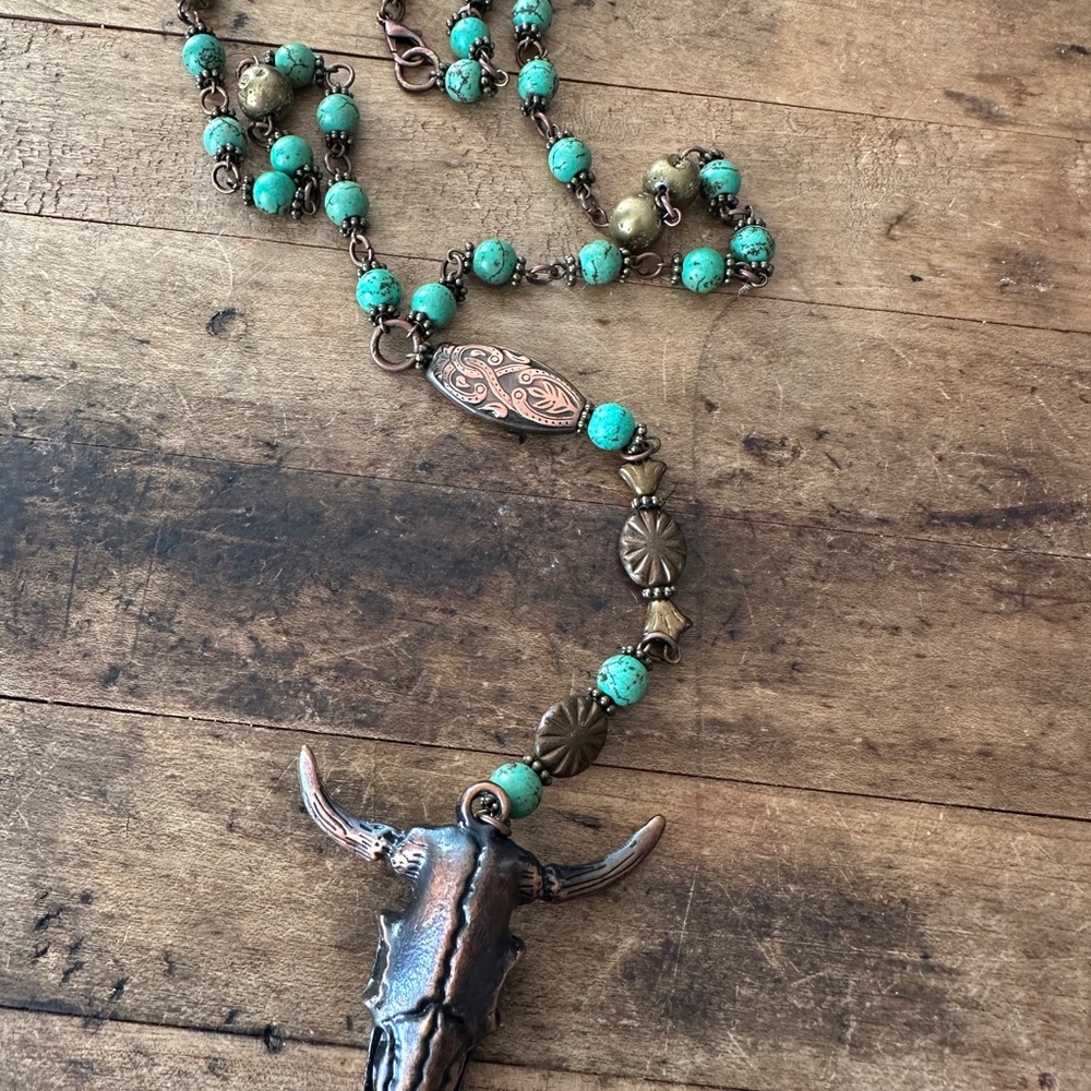 Turquoise and Bronze Bull Skull Necklace